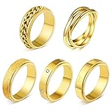 MOROYA 5PCS 18K Gold Plated Fidget Rings for Anxiety Stainless Steel Butterfly Chain CZ Inlaid Spinner Rings for Women Men Anti Anxiety Ring Band Set