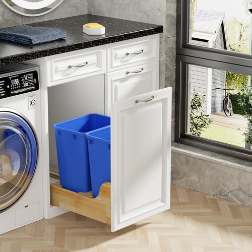 Image of 35 Quart Plastic Trash Can, Under Cabinet Waste Bin(1-Pack,Blue) | 9-Gallons Kitchen Trash Can, Slim Trash Can for Kitchen Bedroom Office Bathroom Under Sink,Easy to Clean,Wide-open Top Design