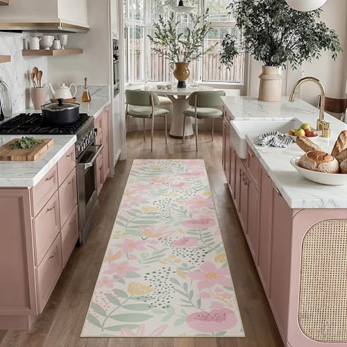 Floral Runner Rug 2x8 Washable Hallway Pink Bedroom Non Slip Cute Long Kitchen Carpet Botanical Indoor Soft Accent Rug for Bathroom Dining Laundry Living Room 2' x 8' (Runner) Modern Pink