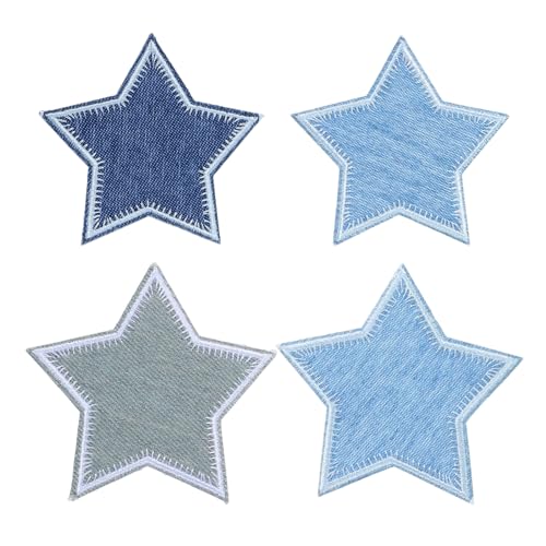 4Pcs Star Iron on Patches, Blue Stars Sewing Patch, Stars Denim Patches for Jeans, Fabric Appliques for Clothes, Jackets, Hats, Backpacks Repair Hole Decoration (Blue)