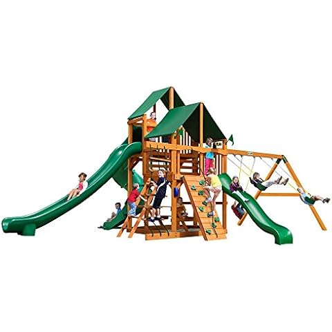 Gorilla Playsets 01-0031-AP Great Skye II Wood Swing Set with Wood Roof, 3 Slides, and Rock Wall, Brown Cover