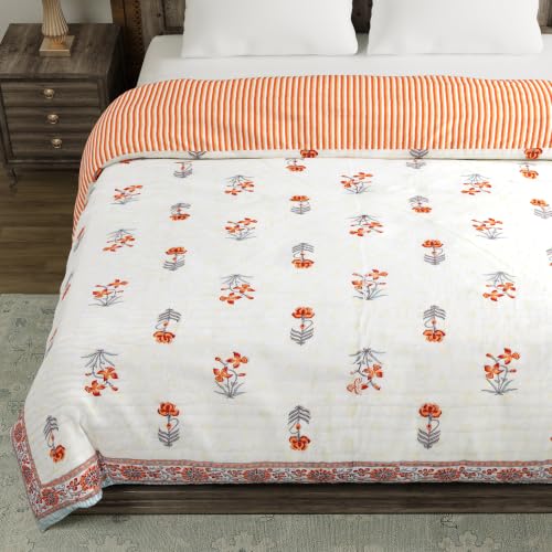 Image of BLOCKS OF INDIA Hand Block Printed Cotton King Size Quilt /Rajai | Grey Orange FLR