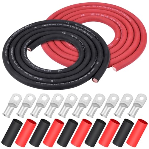 iGreely 2/0 Gauge 2/0 AWG Wire 10 Feet Black + 10 Feet Red Welding Battery Pure Copper Flexible Cable + 5pcs of 5/16 & 5pcs 3/8 Copper Cable Lugs Terminal Connectors+Heat Shrink Tubing