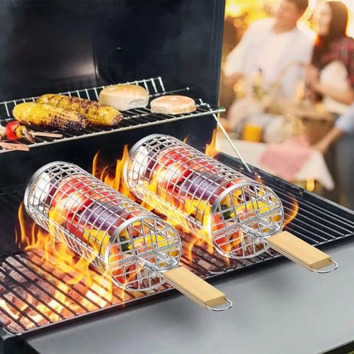 Panier de grill à nidification en acier inoxydable robuste avec manche en bois noble