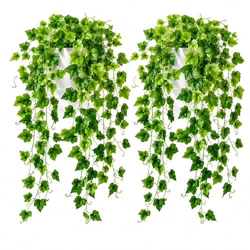 WHANLEY 36" Fake Pothos Hanging Plants in White Pots, 2 Pack Artificial Hanging Plants with 168 Leaves Each & Decorative Stones, Faux Potted Trailing Ivy for Shelf Bathroom Bedroom Decor