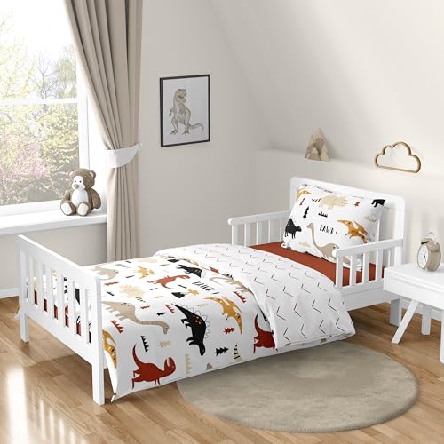 Image of Sweet Jojo Designs Mod Dino Boy Girl Toddler Bedding Set - 5pc Comforter Sham Sheets - Orange Tan Rust Taupe Mustard Yellow Beige Brown Black Modern Dinosaur Boho Dinosaurs Arrow Chevron Herringbone