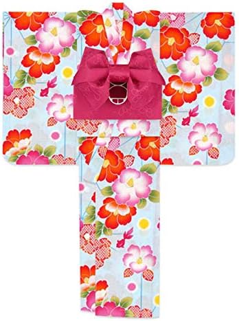 Amazon 浴衣 帯の2点セット 130 140 150 レトロモダンな浴衣と作り帯の浴衣セット 水色 金魚に椿 Dky01 Z Sett 着物 浴衣 通販