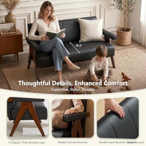 Image of STHOUYN 50 inch Black Faux Leather Sofa Couch, Small Comfy Office Loveseat with Back, Mid Century Modern Wooden Love Seat Bench Waiting Room Furniture Couches for Living Room, Bedroom