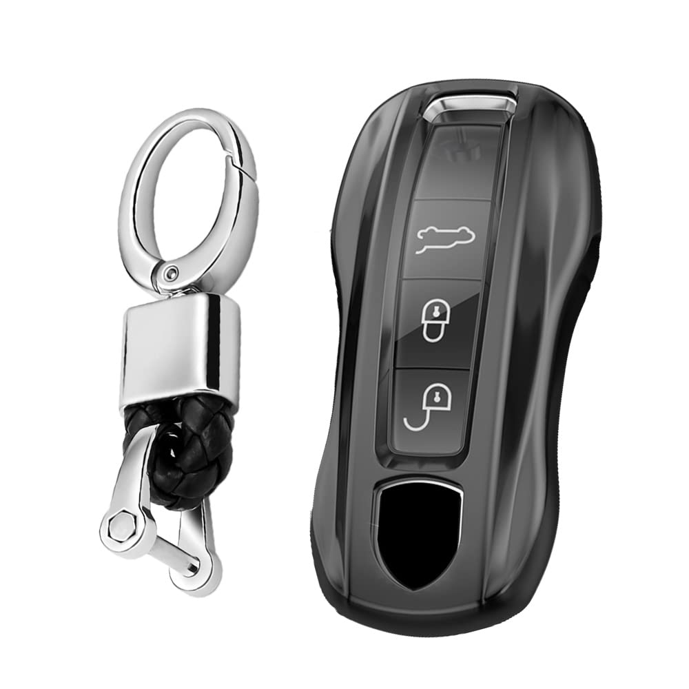 KUNIO Car Key Fob Cover Case Fit for Porsche 911 Panamera Taycan Key Protective Cover Keychain TPU Key Holder 3 Buttons B Black