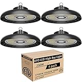 UFO LED High Bay Light 250W 37500 Lumen 100-277V 5000K Daylight Shop Lights 5ft Cable IP65 ETL Listed Warehouse Lights Commercial Shop Workshop Garage Factory Lowbay Area Lighting Fixture 4 Pack