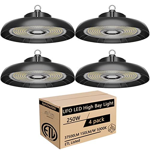 UFO LED High Bay Light 250W 37500 Lumen 100-277V 5000K Daylight Shop Lights 5ft Cable IP65 ETL Listed Warehouse Lights Commercial Shop Workshop Garage Factory Lowbay Area Lighting Fixture 4 Pack