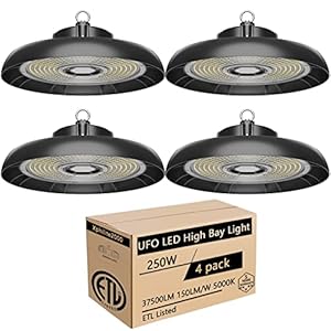 UFO LED High Bay Light: 250W, 5000K High Bay LED Lighting ETL Listed 37500 Lumen 100-277V 1000W MH/HPS Equiv Ip65 Commercial Industrial for Workshop Garage Factory Lowbay Area Lighting Fixture 4 Pack