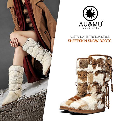 Aumu Women Tradional Wooden Bead String Sheepskin Fur Shearling Stylish Knee High Winter Snow Boots Chestnut Size 11 #TOP1