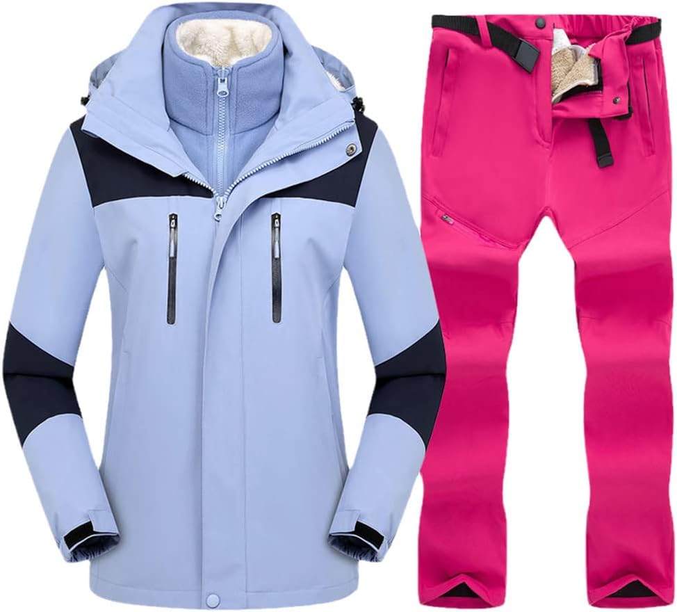 KEHAIOO Women Winter Warm Ski Suit Hoodie Set Windproof Waterproof 3 in 1 Jackets and Pants Skiing Snowboard Suit