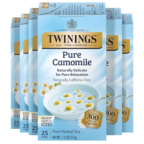 Twinings Pure Camomile Herbal Tea Individually Wrapped Bags, 25 Count (Pack of 6), Calming &amp; Delicate, Naturally Caffeine-Free, Enjoy Hot or Iced, 150 Teabags