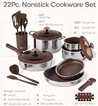 CAROTE 22PCS Ensemble d'articles de cuisine en acier inoxydable avec poignée amovible, ensemble antiadhésif hybride en céramique, ensemble d'objets de cuisine empilables, coffre à induction, coffre-fort pour four, brun