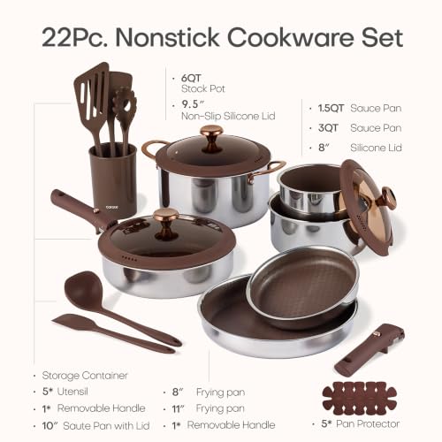 Image of CAROTE 22pcs Hybrid Nonstick Pots and Pans Set, Stainless Steel Cookware Set with Honeycomb Titanium Interior, Induction Safe, Oven Safe, Brown (PFOS, PFOA Free)