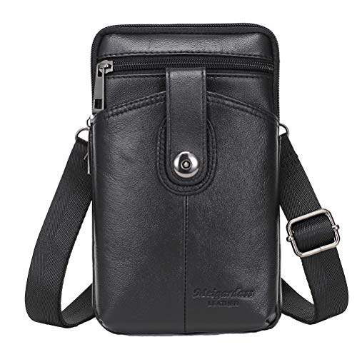 Langzu – Capa de celular de couro legítimo, bolsa para celular, cinto, com compartimento para cartão, chaveiro, estojo para celular, iPhone 8/7plus/7/6splus/6/se/Samsung Galaxy (preta)