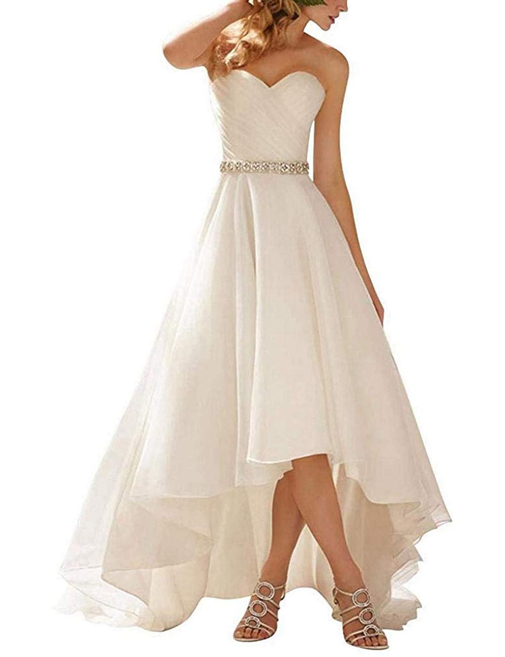 Esmoquin Asimétrico Dulce sin Tirantes para Baile Vestidos de Noche Organza Elegante con Tirantes, WZEFEIO, Blanco, 34