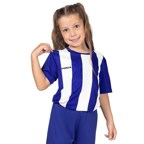 Image of FORZA Kids’ Striped Football Shirt | Quick Dry Short Sleeve Jersey for Boys & Girls – Breathable & Sweat-Wicking Training Top [Ages 5-14] (UK, Age, 13 Years, 14 Years, Regular, Blue & White)