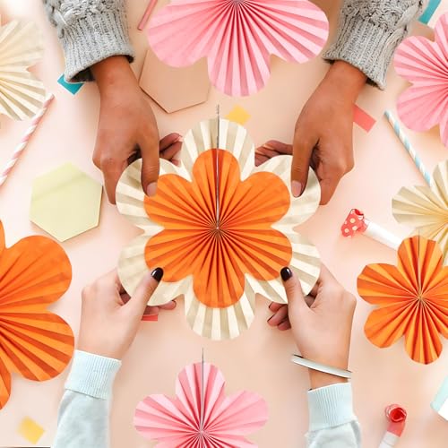 Image of Paper Flowers Decorations for Wall Pink and Orange Paper Fans Classroom Decoration Paper Floral Backdrop Decor Paper Fans Decoration Hanging Paper Fans Pink Flower Wall Decor, Set of 9