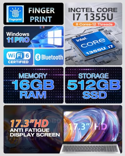Image of HP 17 Inch Laptop Touchscreen Laptop Computer, 17.3 HD+ Touch Screen Business Laptop PC, Intel 10-Core i7 1355U, Windows 11 Pro, Fingerprint, Wi-Fi 6, 32GB RAM 1TB SSD