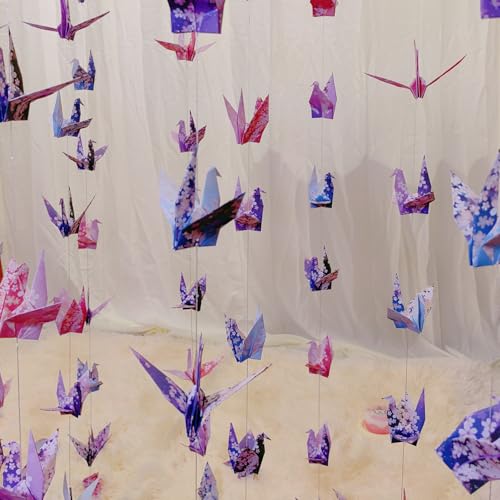 Image of Cherry Blossom Crane Paper Hanging Garlands(3stringsX 5.2ft), Japanese Flower Origami Birds Streamers for Bridal Shower, Baby Shower Birthday Party Supplies,Garden Ceiling Hanging Garland