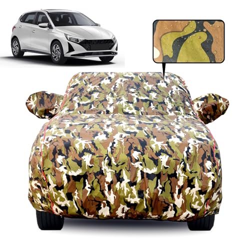 Image of Waterproof Car Body Cover for Hyundai i20 (2020-2026) with Mirror Pocket, Soft Cotton Lining, Triple Stitched, Full Bottom Elastic (Heat Resistant Jungle Print with Red Piping)