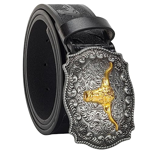 Genuine Leather Cowboy Belt for Men, Floral Engraved Bull Buckle, 25