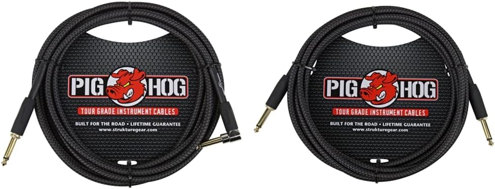Pig Hog PC-H10BKR 1/4" Right-Angle to 1/4" Black Woven Guitar Instrument Cable, 10 Feet & PC-H10BK 1/4" Black Woven Guitar Instrument Cable, 10 Feet