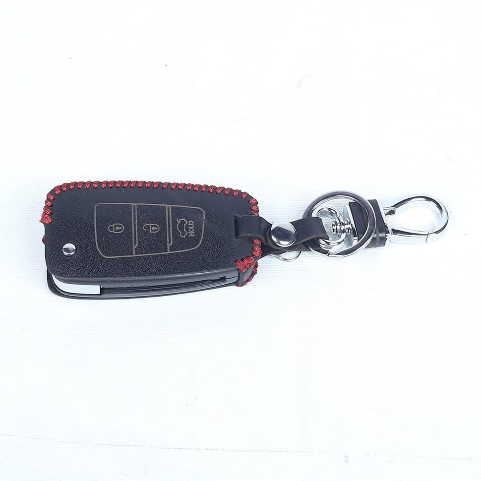 Image of Leather Smart Car Key Cover Case with Metal Hook Keychain for New Verna (Black)