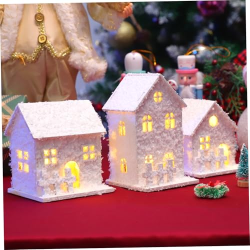 Set 3 casas de madera navideñas con luces led para árbol y mesa 8