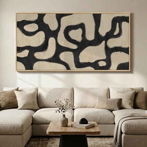 Oversized Framed Abstract Horizontal Wall Art for Living Room, Modern Neutral Black Beige Canvas Artwork for Walls, Extra Large Mid Century Paintings Print for Hallway Dining Room Wall Decor, 72x36 In