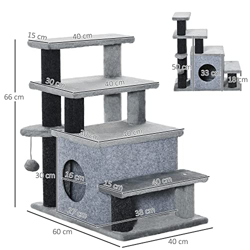 PawHut Hundetreppe 3/4 Stufen 66 cm Hoch Haustiertreppe mit Schlafhöhle, Rampe, Sipielball, Katzentreppe für mittelgroße Katze Hunderampe Einstiegshilfe für Bett, Sofa, Couch, Grau
