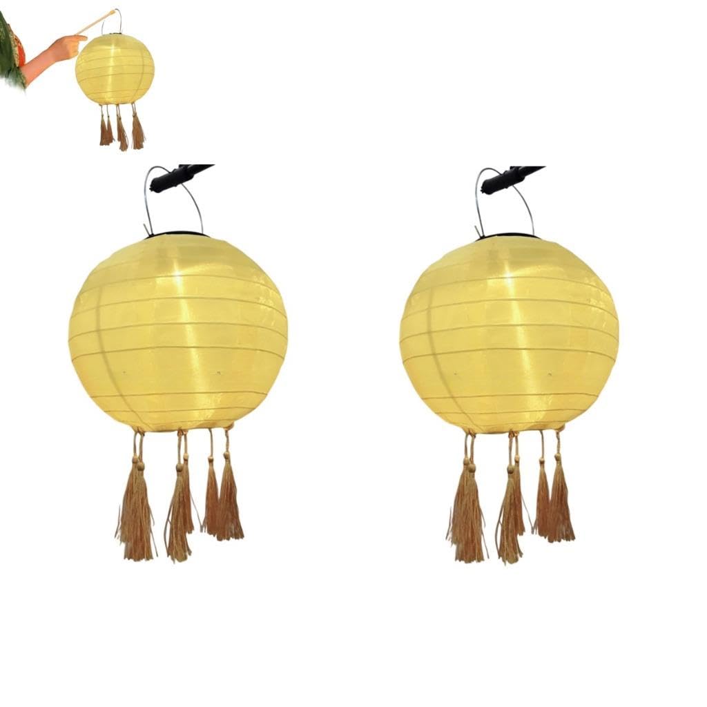 Tefexer 12 Inch Solar Powered Lanterns 2 Pcs LED Garden Decorative Light Round Paper Lanterns with Tassels for Garden Deco, Night Parties, Garden, Family Celebrations