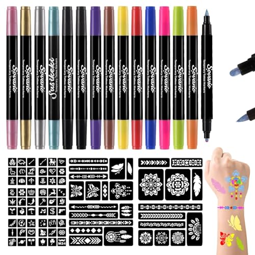 Sovano Temporary Tattoo Markers for Skin 15 Tattoo Pens Dual-End for Kids Adults Skin Safe Body Markers with 82 Tattoo Stencils Body Art Pens Glitter Metallic Matte Washable