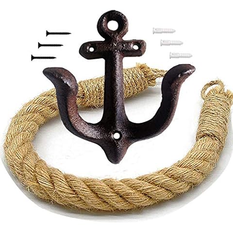 YANGMEI Brown Antique Bathroom Towel Holder Nautical Rope Toilet Paper Holder Tie-Back Curtain Rack Wall Mounted Metal Anchor Hook Design for Beach Themed Bathroom Decor Cover