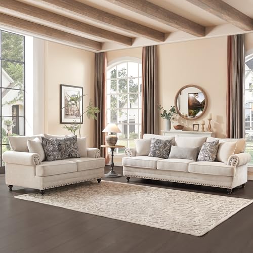Image of Modern Farmhouse Loveseat and Sofa Set, Chenille Upholstered Couches with Nailhead Trim, Wooden Legs, 9 Accent Pillows, Comfy Sleeper for Living Room
