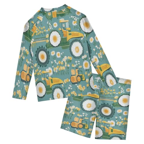 Tractor Daisy Flowers Boys Swimsuit Rash Guard Toddler Kids Long Sleeve Swim Shirt and Trunks Swimwear Set 3-10Y2