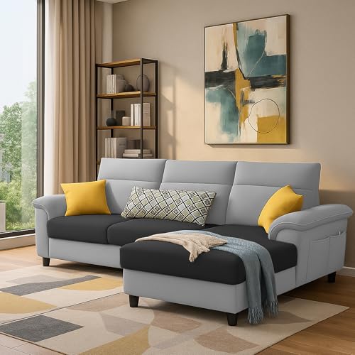 Image of Casaliving Seams RHS 4 Seater L Shape Sofa for Living Room (Black Grey Fabric) Premium Fabric Sofa
