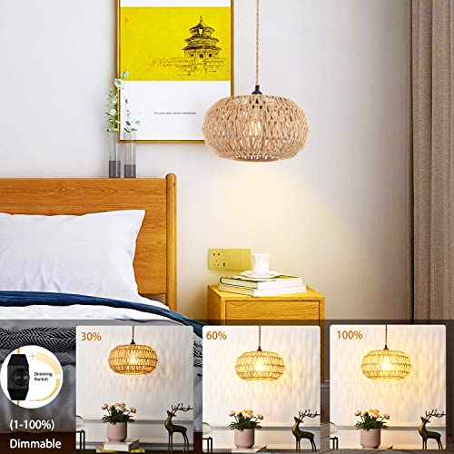 Plug In Pendant Light Hanging Lights With Plug In Cord Dimmable Rattan Hanging Lamp Wicker Woven Basket Lampshade,Farmhouse Industrial Boho Plug In Ceiling Light Fixture For Living Room Kitchen Island #TOP1