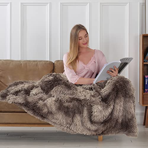 Image of Tuddrom Decorative Extra Soft Faux Fur Throw Blanket,Solid Reversible Fuzzy Lightweight Long Hair Shaggy Blanket,Fluffy Cozy Plush Fleece Comfy Microfiber Fur Blanket for Couch Sofa Bed,Tie Dye Brown