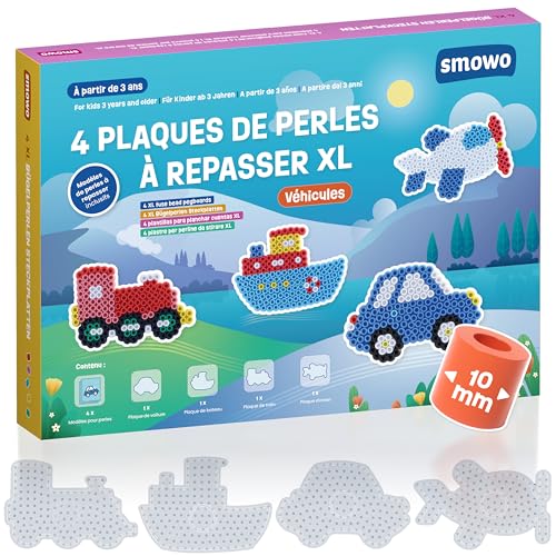 Smowo Perles à repasser de 10 mm - Avec 4 plaques et modèles - Voiture, bateau, train, avion - Grandes plaques de stylo Maxi pour enfants à partir de 3 ans