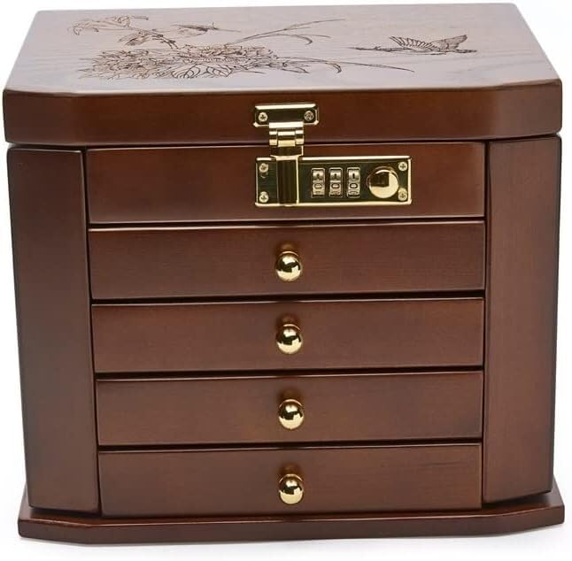 Joyero de madera con cerradura de combinación, almacenamiento de madera maciza de alta calidad para joyas, collares y relojes, ideal para mujeres y niñas