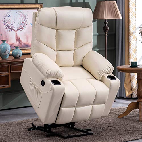 Mcombo Electric Power Lift Recliner Chair Sofa For Elderly, 3 Positions, 2 Side Pockets And Cup Holders, Usb Ports, Faux Leather 7288 (Cream White) #TOP1