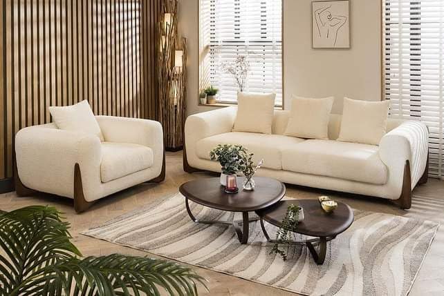 Image of Modern Off-White Boucle Upholstered Sofa Set with Stylish Wooden Legs Sofa for Living Room, Bedroom (3+1 Seater)