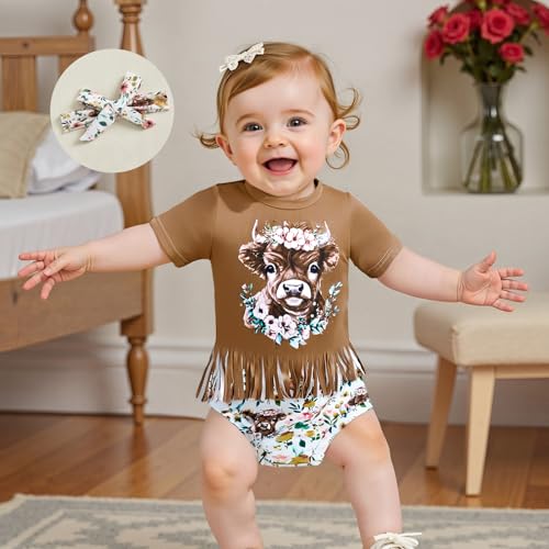 Infant Toddler Western Baby Girl Outfit Cowgirl Tassel T-Shirt Top Cow Print Bloomer Shorts Set Cute Country Clothes4