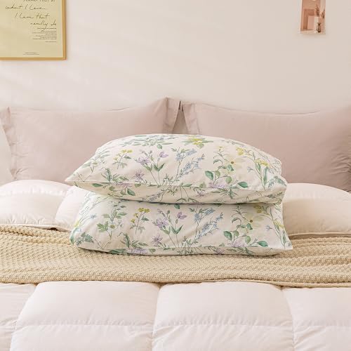 Image of ECOCOTT Floral Pillowcases Standard Size Set of 2, 100% Washed Cotton Pillow Cases with Envelope Closure, Botanical Wildflower Printed Pillow Covers