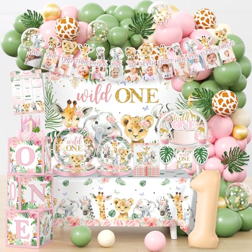 Cocomigo 184pcs Wild One Birthday Decorations Girl Wild One Party Decorations Include Plate Banner Backdrop Tablecloth Cake Topper Pink Balloon Arch for Wild One Birthday Decorations