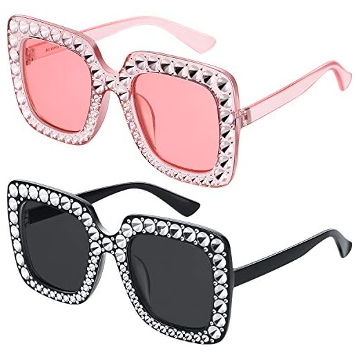 Frienda 2 Pieces Oversize Square Sparkling Sunglasses Retro Thick Frame Sunglasses (Clear Pink, Black)